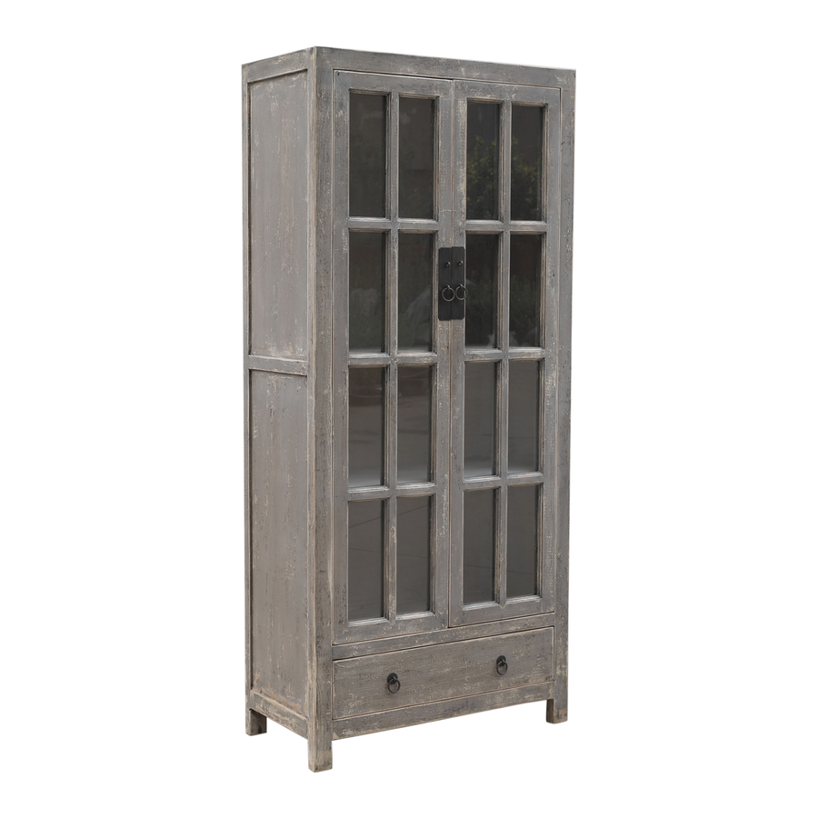 Graue Vitrine antiker Landhausstil 2 Türen mit kleinen Fenstern, unten 1 Schublade