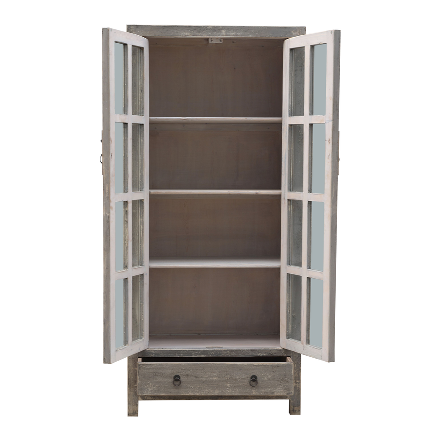 Graue Vitrine antiker Landhausstil 2 Türen mit kleinen Fenstern, unten 1 Schublade