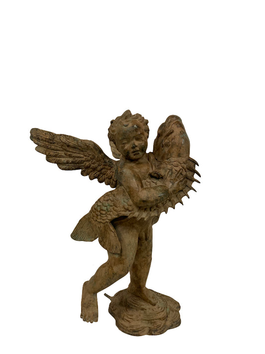 Brunnen Bronzeskulptur 'Junge mit Fisch' antik braun-grau