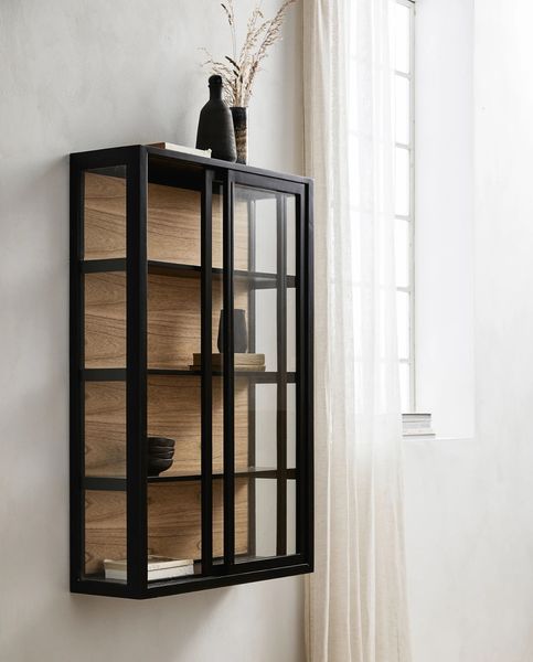 Wandvitrine mit Schiebetüren schwarz-natur - vintage-shop-24