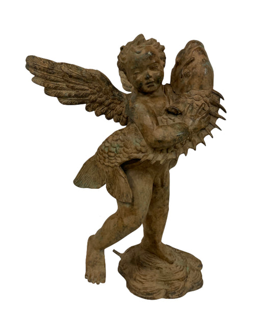 Brunnen Bronzeskulptur 'Junge mit Fisch' antik braun-grau