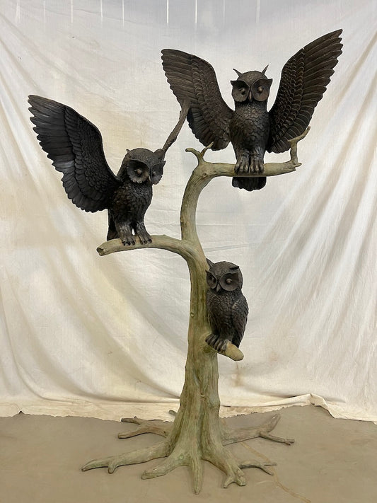 Bronze Gartenbrunnen Skulptur "Eulen auf Brunnenbaum" - vintage-shop-24.com