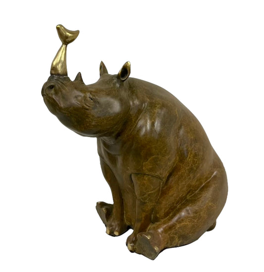 Bronze Skulptur "sitzendes Nashorn" mit goldenem Horn - vintage-shop-24