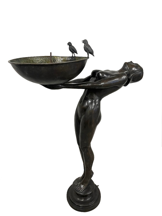 Gartenskulptur Bronze Brunnen  "Lady mit Vogelbad" Art Deco Stil