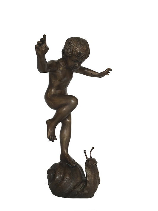 Bronze Gartenbrunnen "Junge auf Schnecke"