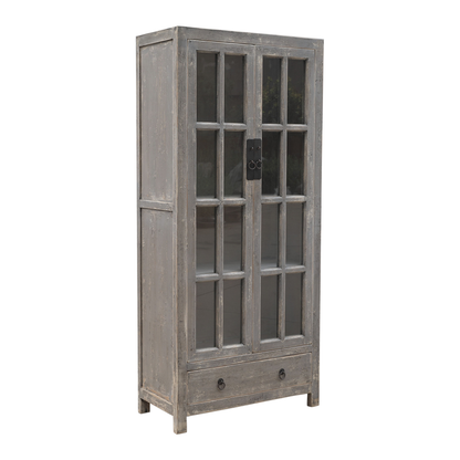 Graue Vitrine antiker Landhausstil 2 Türen mit kleinen Fenstern, unten 1 Schublade