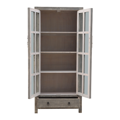 Graue Vitrine antiker Landhausstil 2 Türen mit kleinen Fenstern, unten 1 Schublade
